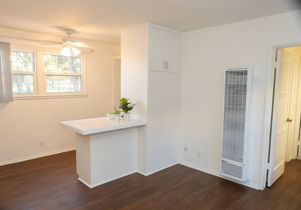 A white room with a window, a plant, and a white cabinet.