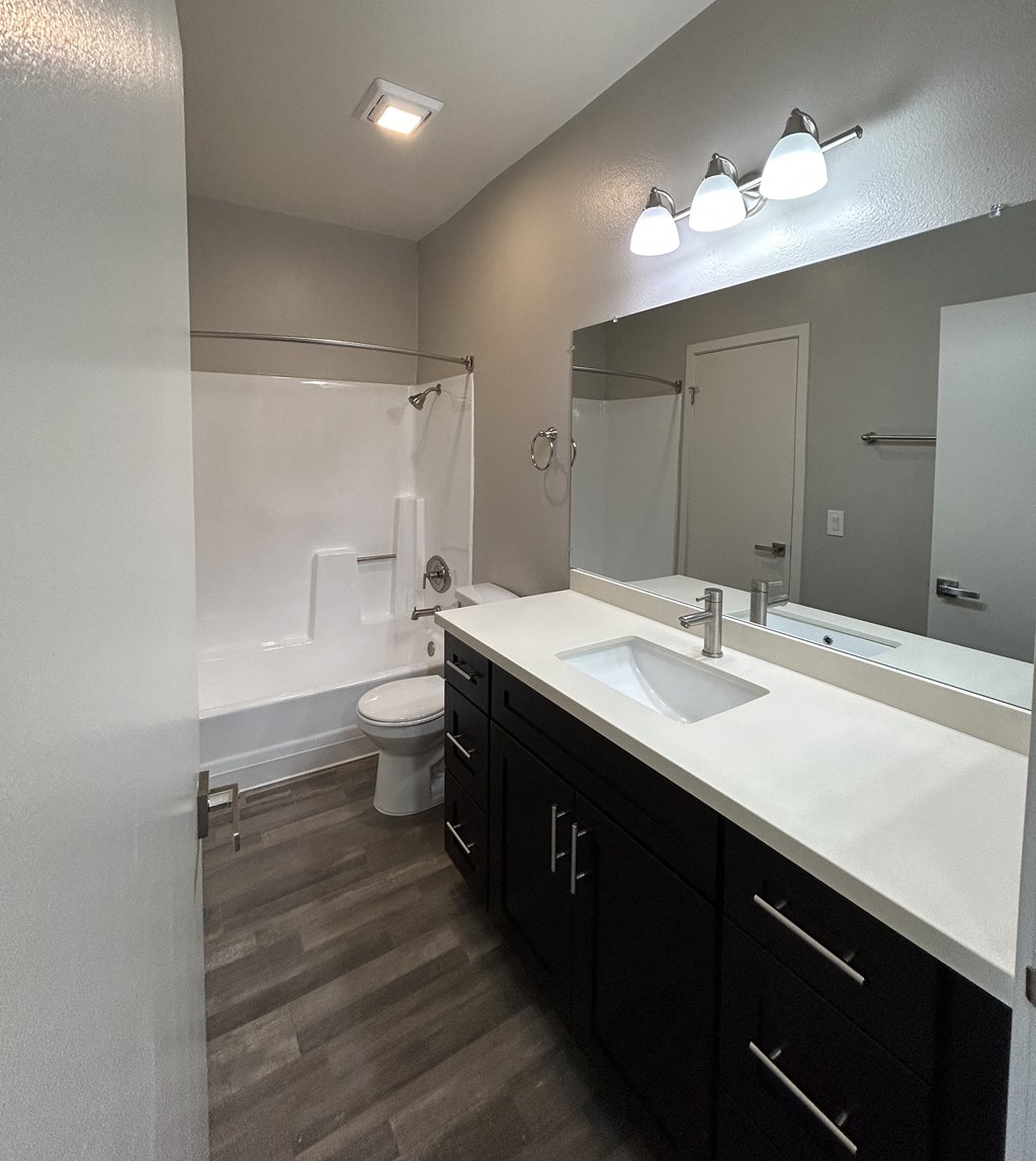 a bathroom with a sink and a shower and a toilet