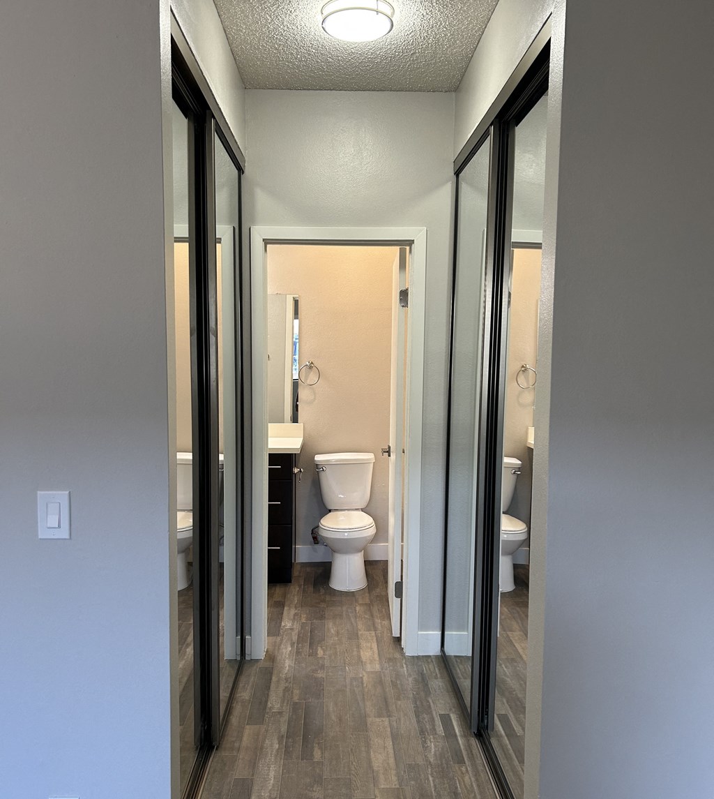 a bathroom with a toilet and a mirror