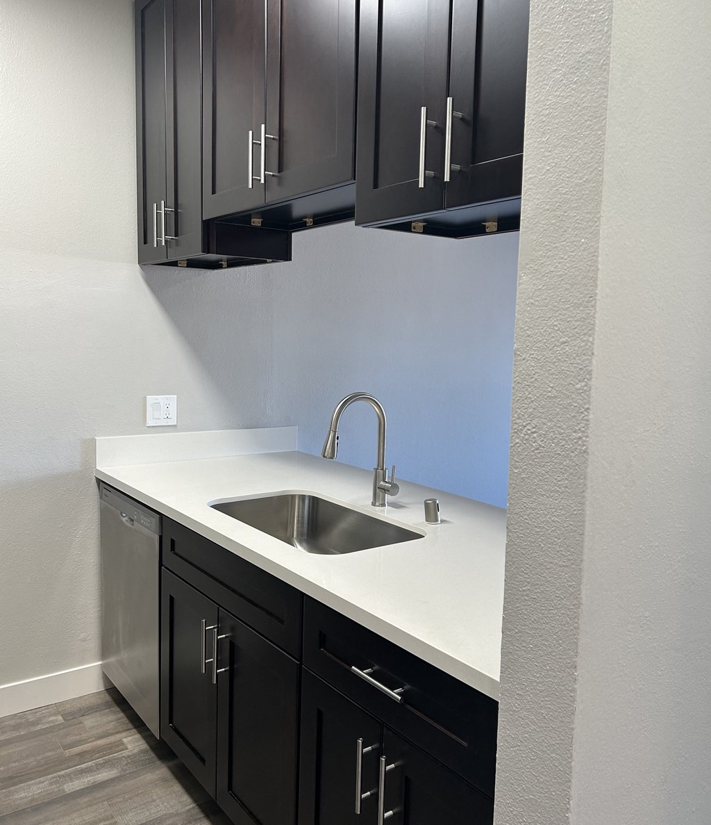 an empty kitchen with black cabinets and a stainless steel sink