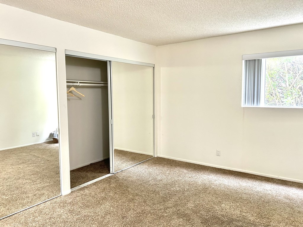 an empty room with a mirror and a closet