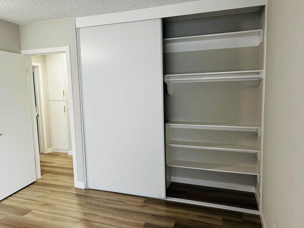 a bedroom with an empty closet and a hallway with a door open
