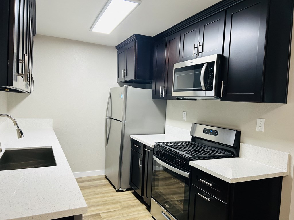 a kitchen with black cabinets and stainless steel appliances