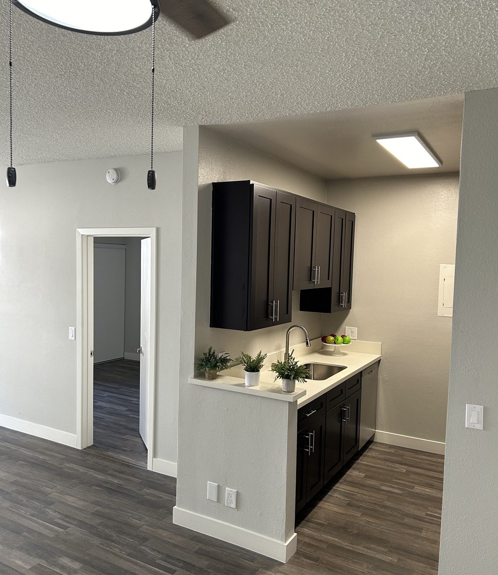 a kitchen with black cabinets and a white counter top