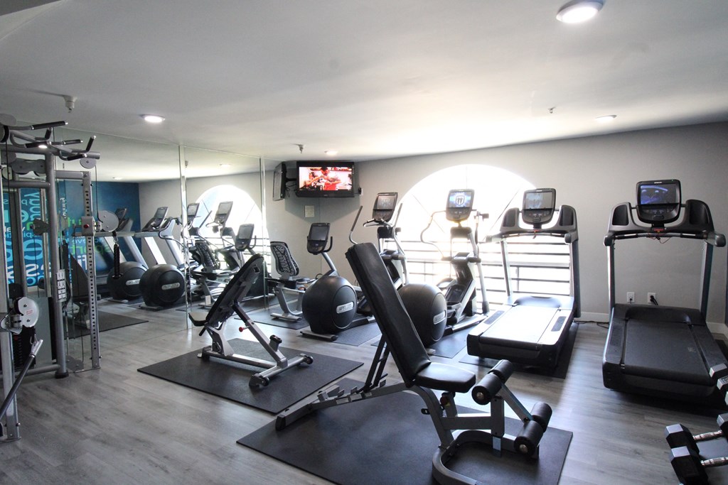 a gym with cardio equipment and a tv on the wall