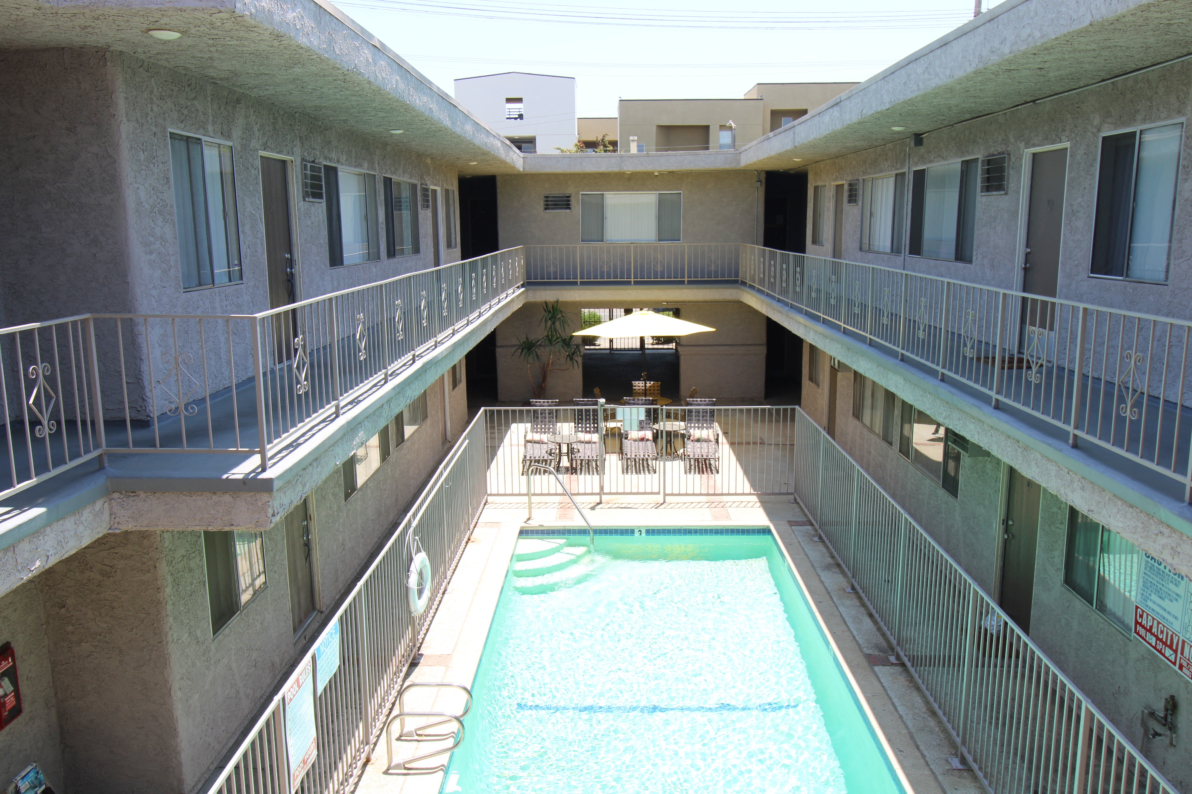 a view of a swimming pool in the middle of a building
