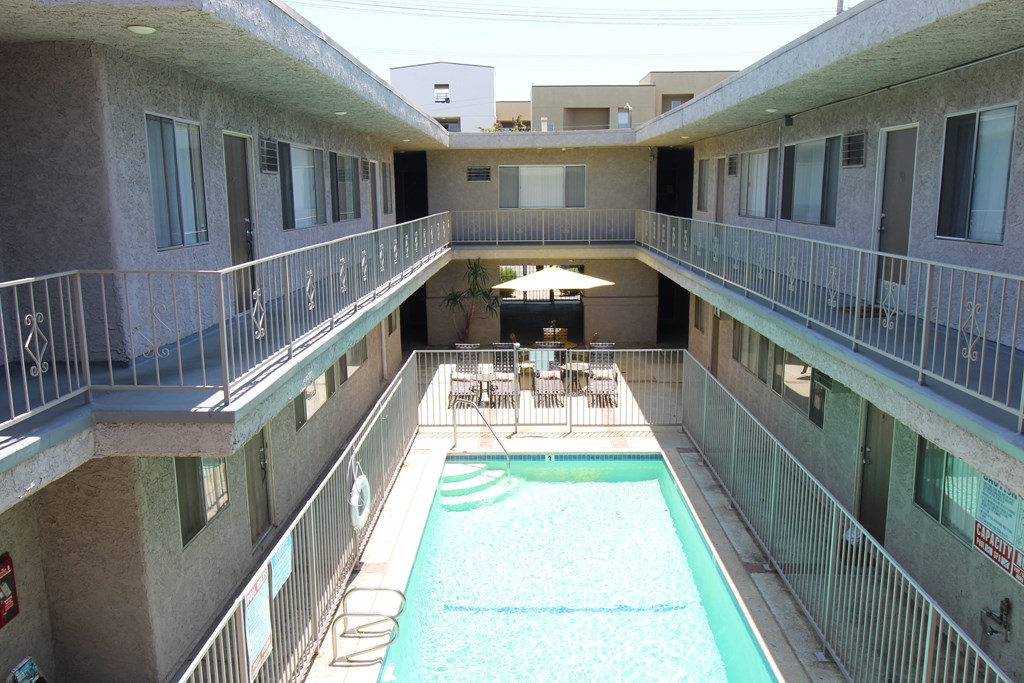 a view of a swimming pool in the middle of a building