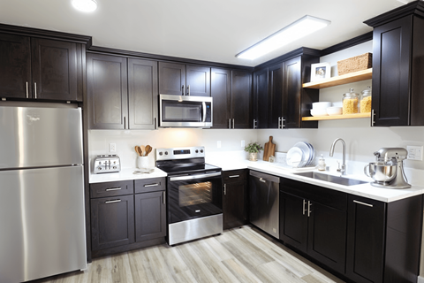 A modern kitchen with black cabinets and stainless steel appliances.