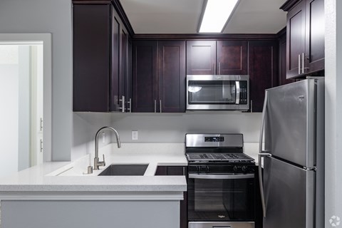A modern kitchen with dark brown cabinets and stainless steel appliances.