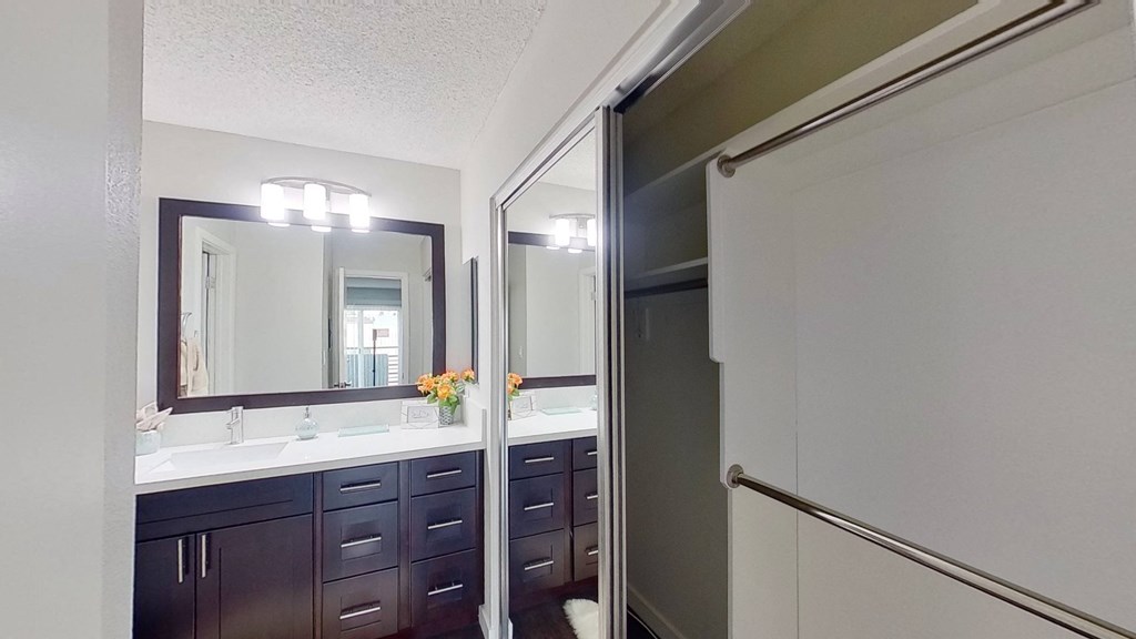 a bathroom with a shower and a sink and a mirror