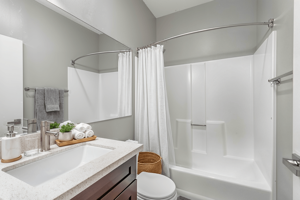 A white bathroom with a towel on the counter.
