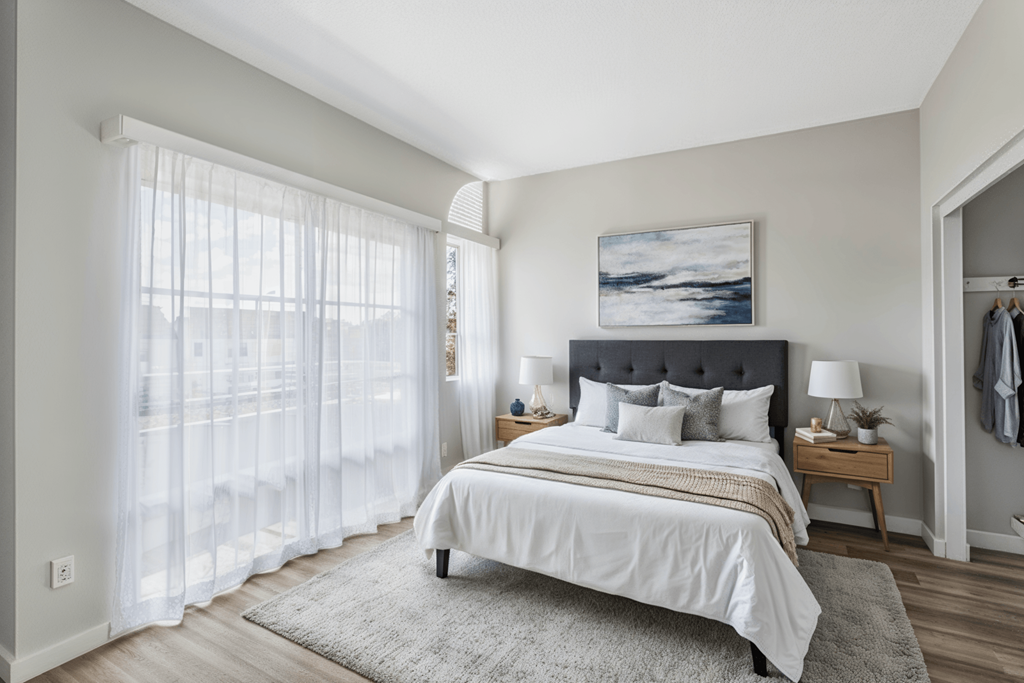 A bedroom with a large bed and a painting on the wall.
