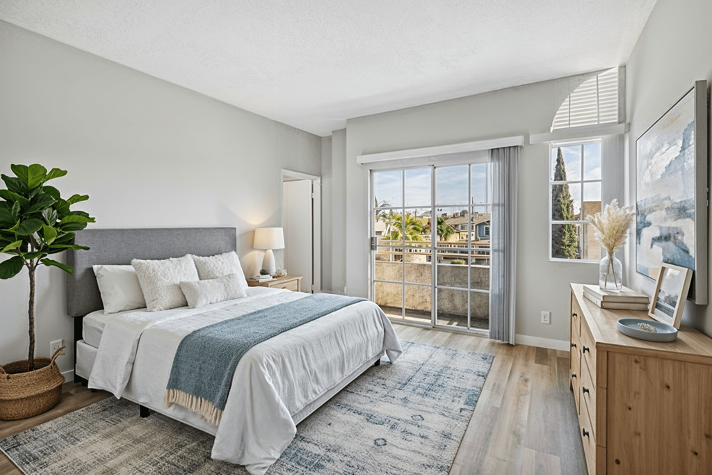 A bedroom with a large bed and a view of the outside through the window.