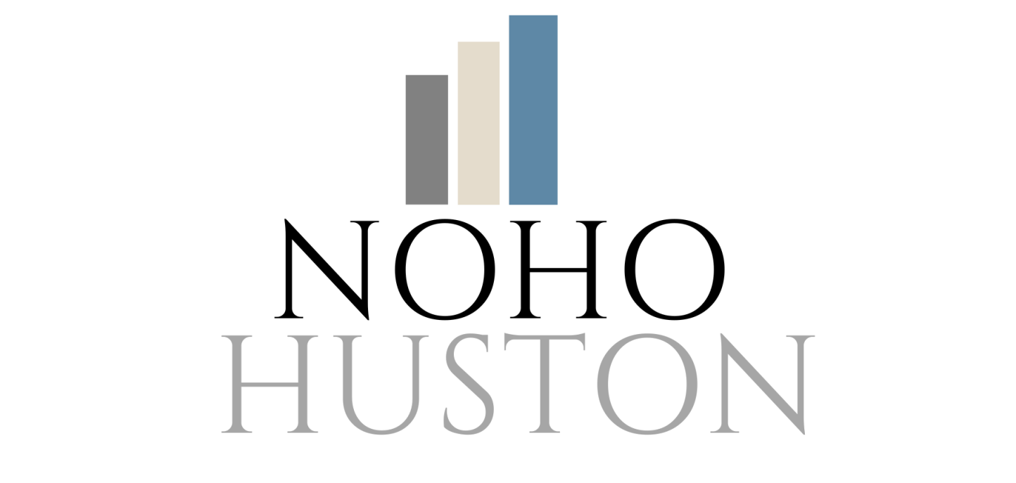 The image is a logo with the words "NOHO HUSTON" and three vertical bars of different heights and colors.