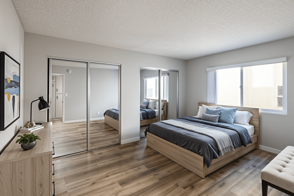 A bedroom with a large bed and a wooden floor.