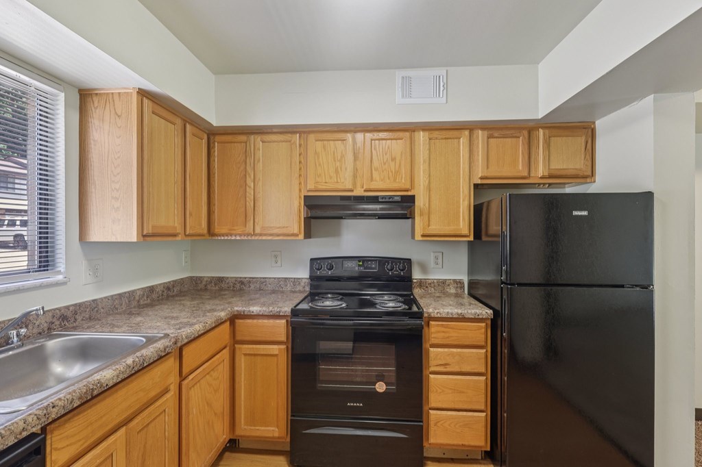 A kitchen with a black refrigerator and stove.