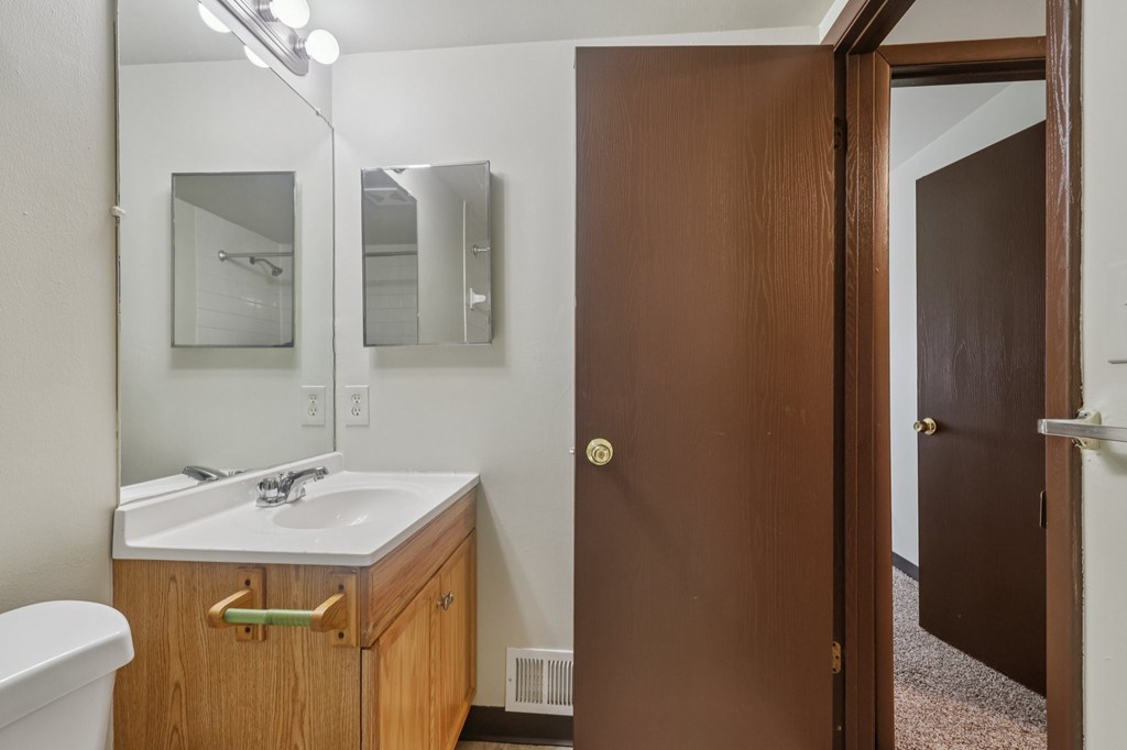 A bathroom with a white sink and a brown door.