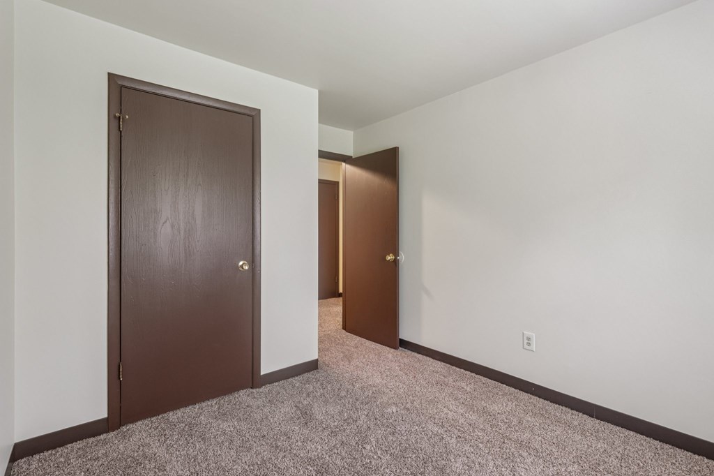 A room with two brown doors and carpeted flooring.