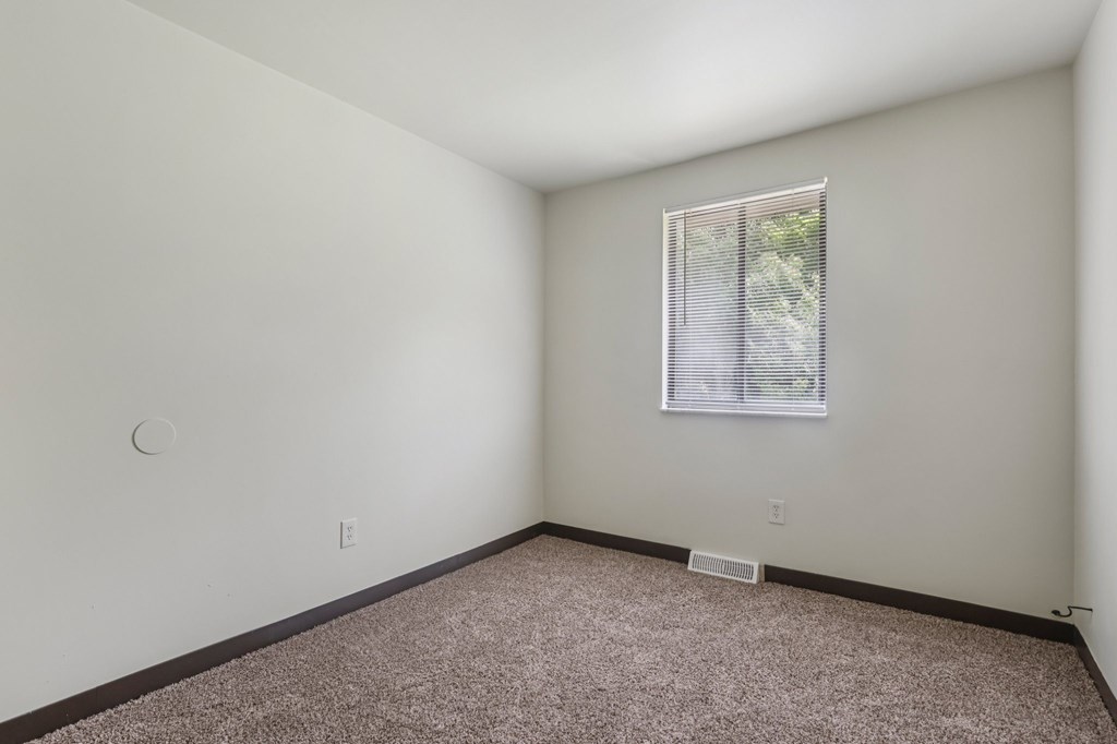 A room with a window and a carpet on the floor.