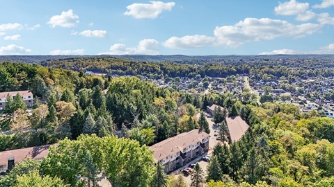 A large building surrounded by trees with a cloudy sky above.