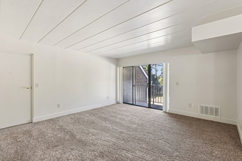 A spacious room with a carpeted floor and a sliding glass door leading outside.