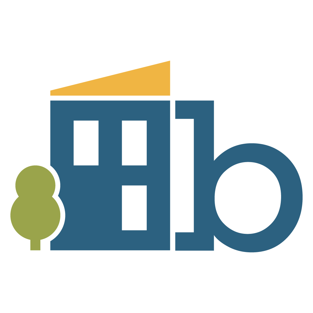 A graphic of a building with a tree and a circle to the right of it.