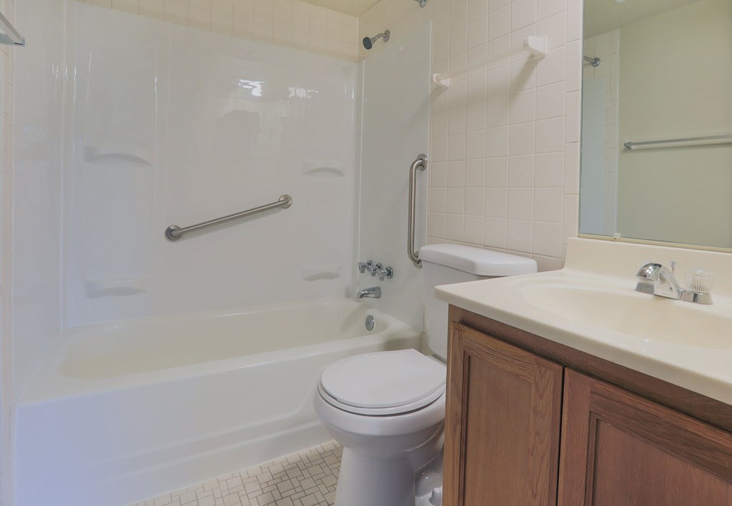 A white toilet sits next to a bathtub in a bathroom.