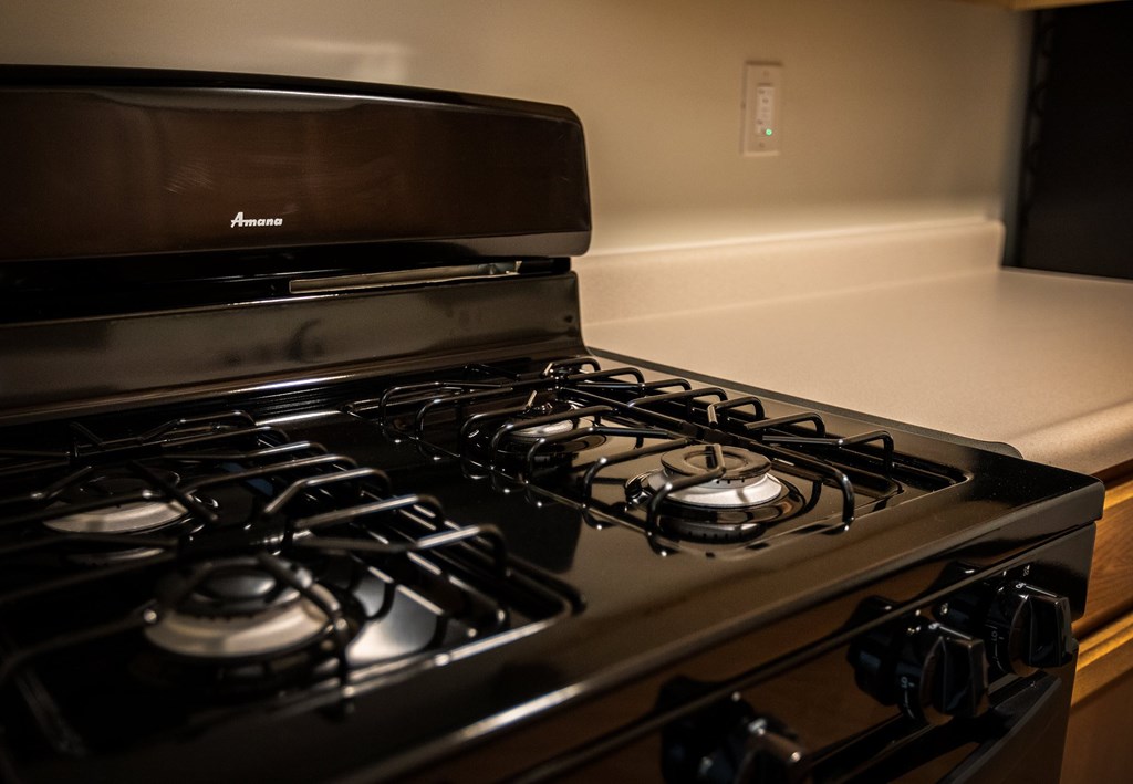 A black stove top with a silver oven.