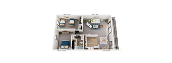 A floor plan of a small apartment with two bedrooms, a living room, and a kitchen.