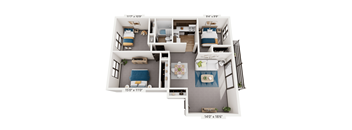A 3D floor plan of a small apartment with three bedrooms, a living room, and a kitchen.