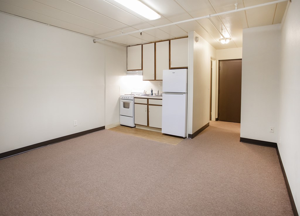 A small kitchen with white appliances and brown carpeting.