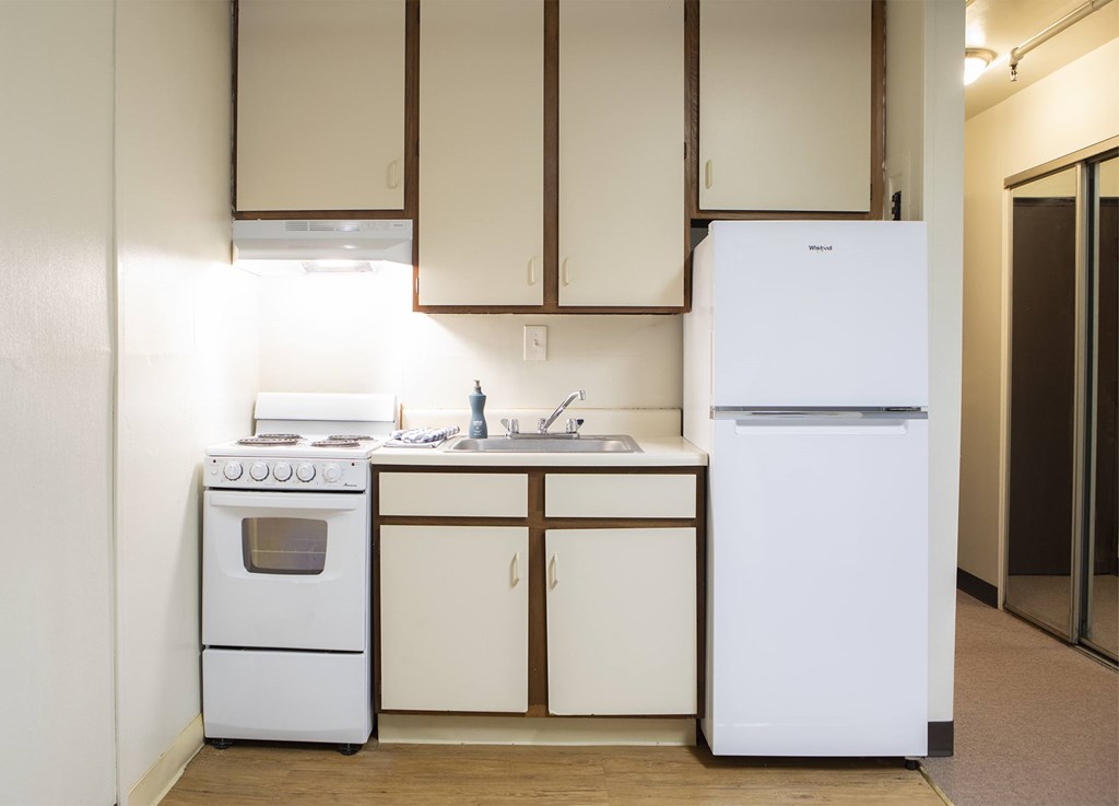 A white fridge and stove in a kitchen with wooden cabinets.
