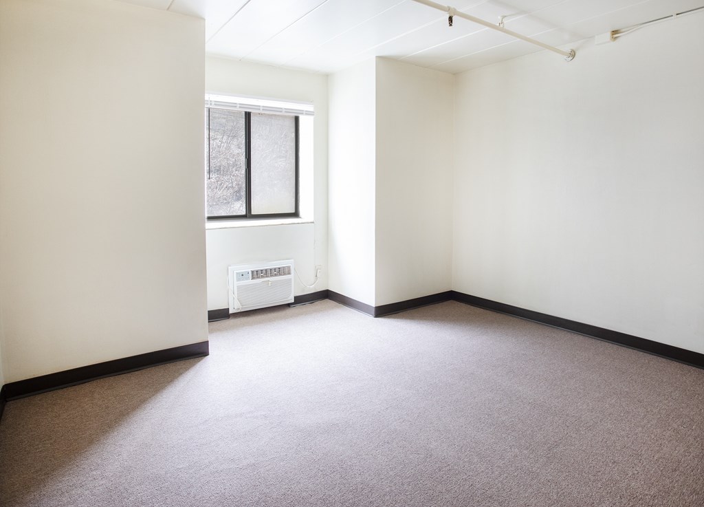 A room with a window and a carpet on the floor.