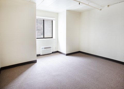 A room with a window and a carpet on the floor.
