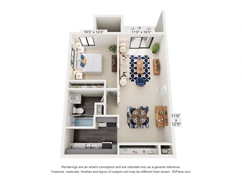 A 3D floor plan of a small apartment with a kitchen, living room, and bedroom.