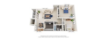 A 3D floor plan of a small apartment with a living room, kitchen, and bathroom.