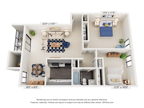 A 3D floor plan of a small apartment with a living room, kitchen, and bathroom.