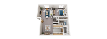 A top-down view of a small apartment with a kitchen, living room, and bathroom.