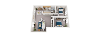 A top-down view of a small apartment with a kitchen, living room, and bedroom.