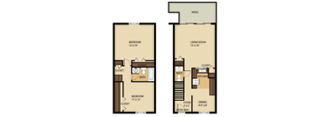 A floor plan of a two bedroom apartment with a living room and a kitchen.