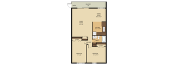 A floor plan of a house with a balcony, two bedrooms, a living room, a dining room, a kitchen, a bathroom, and a laundry area.