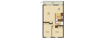 A floor plan of an apartment with a living room, dining room, kitchen, two bedrooms, and a balcony.