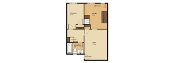 A floor plan of an apartment with one bedroom and one bathroom.