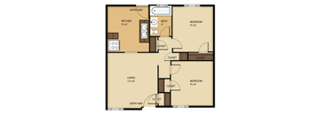 A floor plan of a house with a kitchen, living room, and two bedrooms.