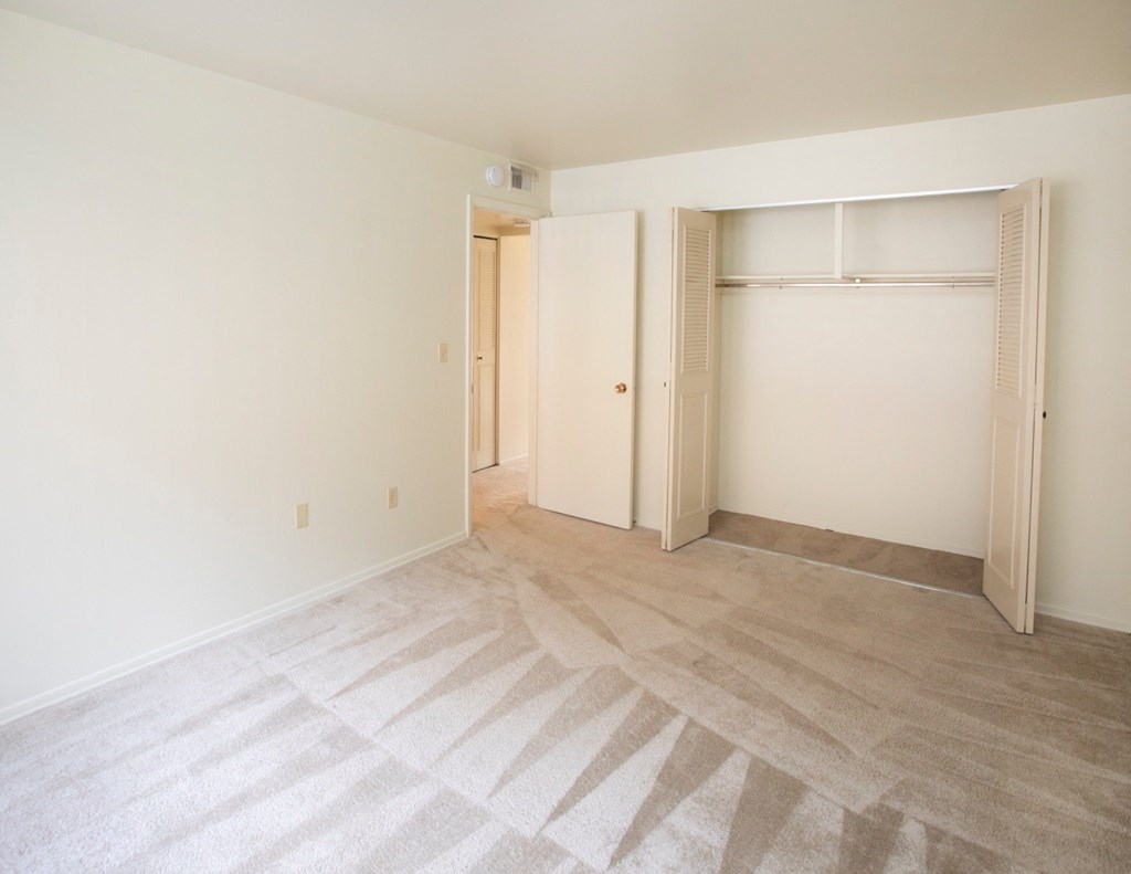 A room with a carpeted floor and a doorway leading to another room.