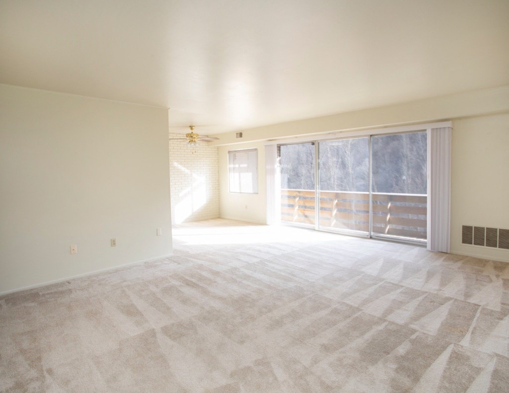 A large, empty room with a carpeted floor and a ceiling fan.