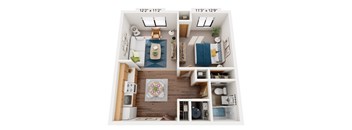 A diagram of a small apartment with a kitchen, living room, and bathroom.