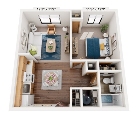 A diagram of a small apartment with a kitchen, living room, and bathroom.