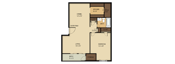 A floor plan of a house with a living area, dining area, kitchen, bathroom, bedroom, and storage space.