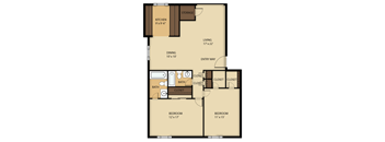 A floor plan of a house with a kitchen, dining room, living room, two bedrooms, and a bathroom.
